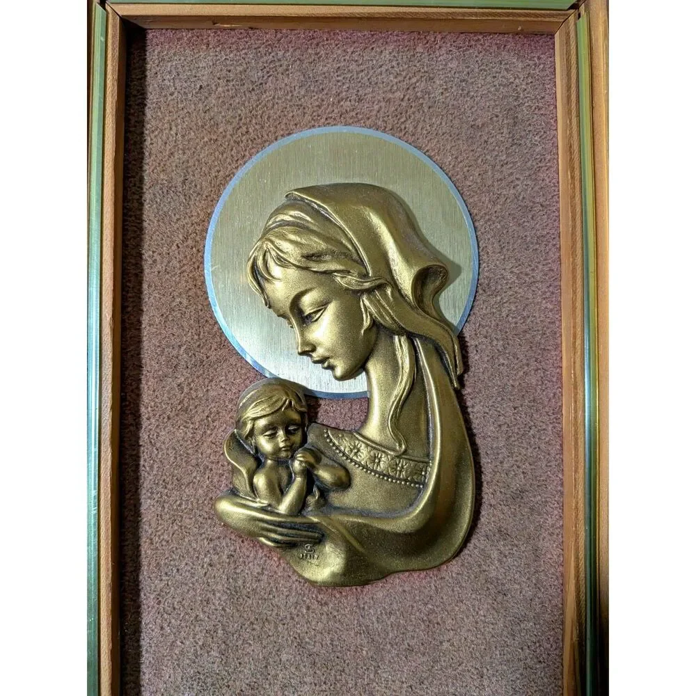Religious Italy Madonna and Child Jesus Gold Tone MCM Plaque Art